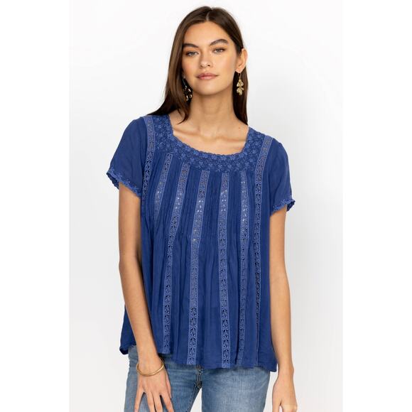 Johnny Was Brigita Blouse Blue Square Neck Eyelet Embroidered Short Sleeve Sz L - Picture 2 of 11